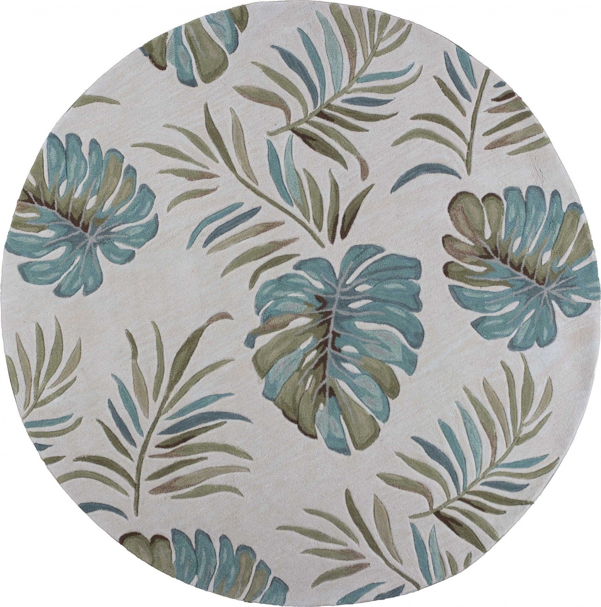 5′ Round Ivory Tropical Leaves Indoor Area Rug