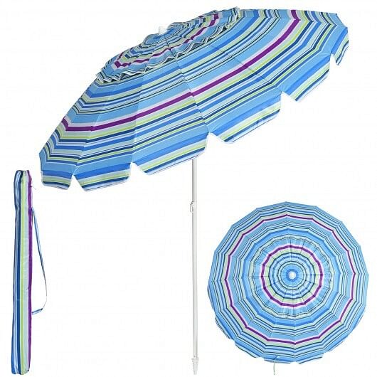 8FT Portable Beach Umbrella with Sand Anchor and Tilt Mechanism for Garden and Patio-Blue