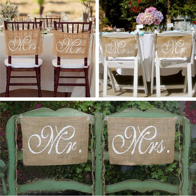 1 Pair Mr Mrs Wedding Chair Bunting Hessian Jute Burlap Banner Party Decoration