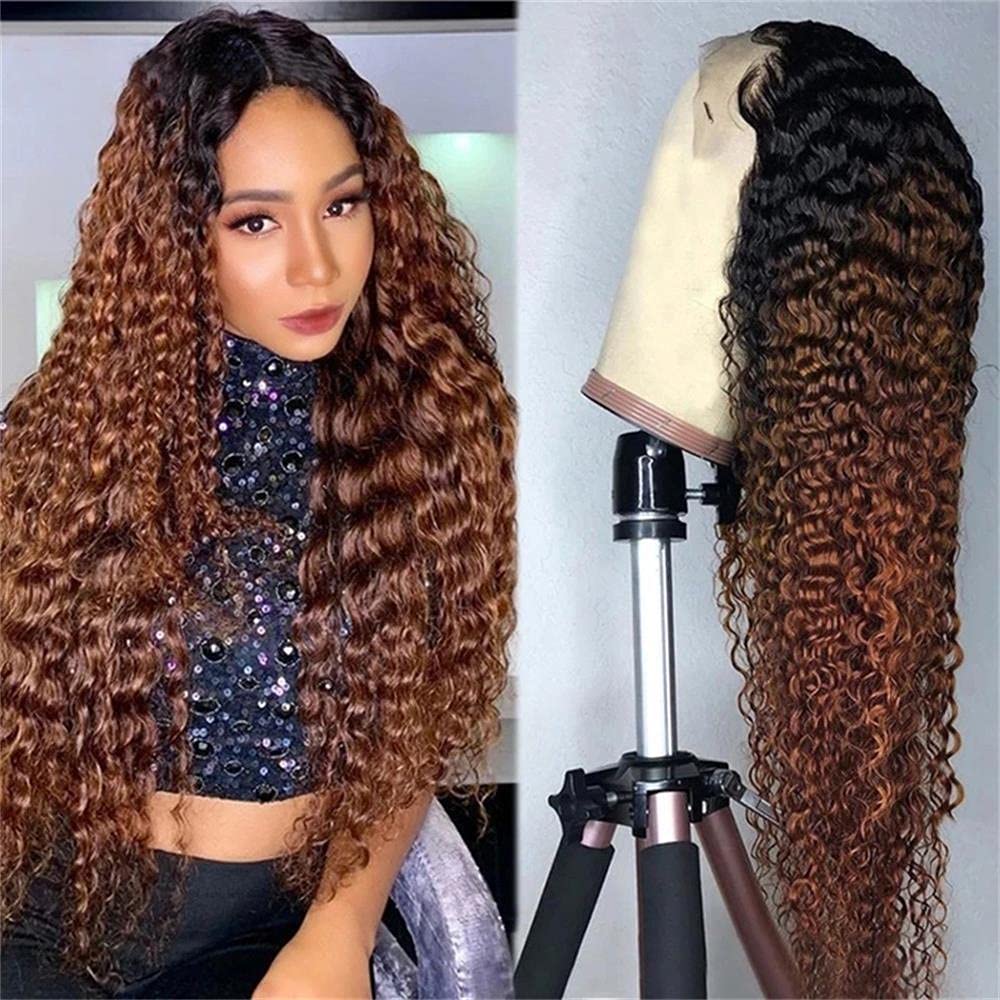 Brennas Hair Ombre Curly Wigs for Black Women Human Hair T Part Lace Front Wigs Pre Plucked with Baby Hair